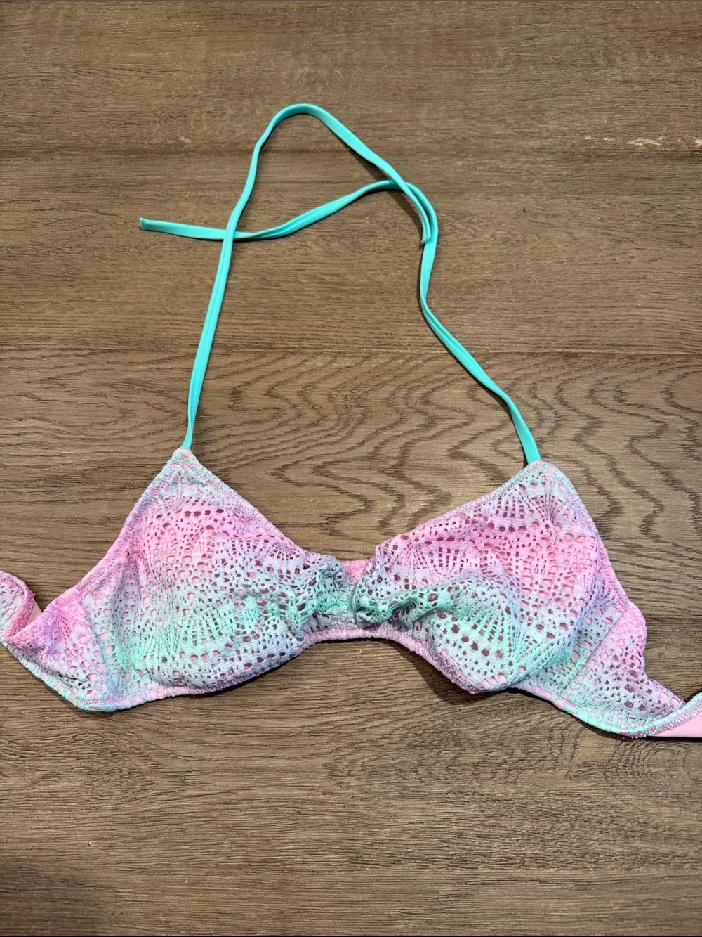 Women’s Crochet Bikini Top in Pink & Mint with Halter Straps